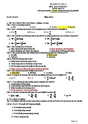 Đề kiểm tra môn Vật lý Lớp 10 - Năm học 2018-2019